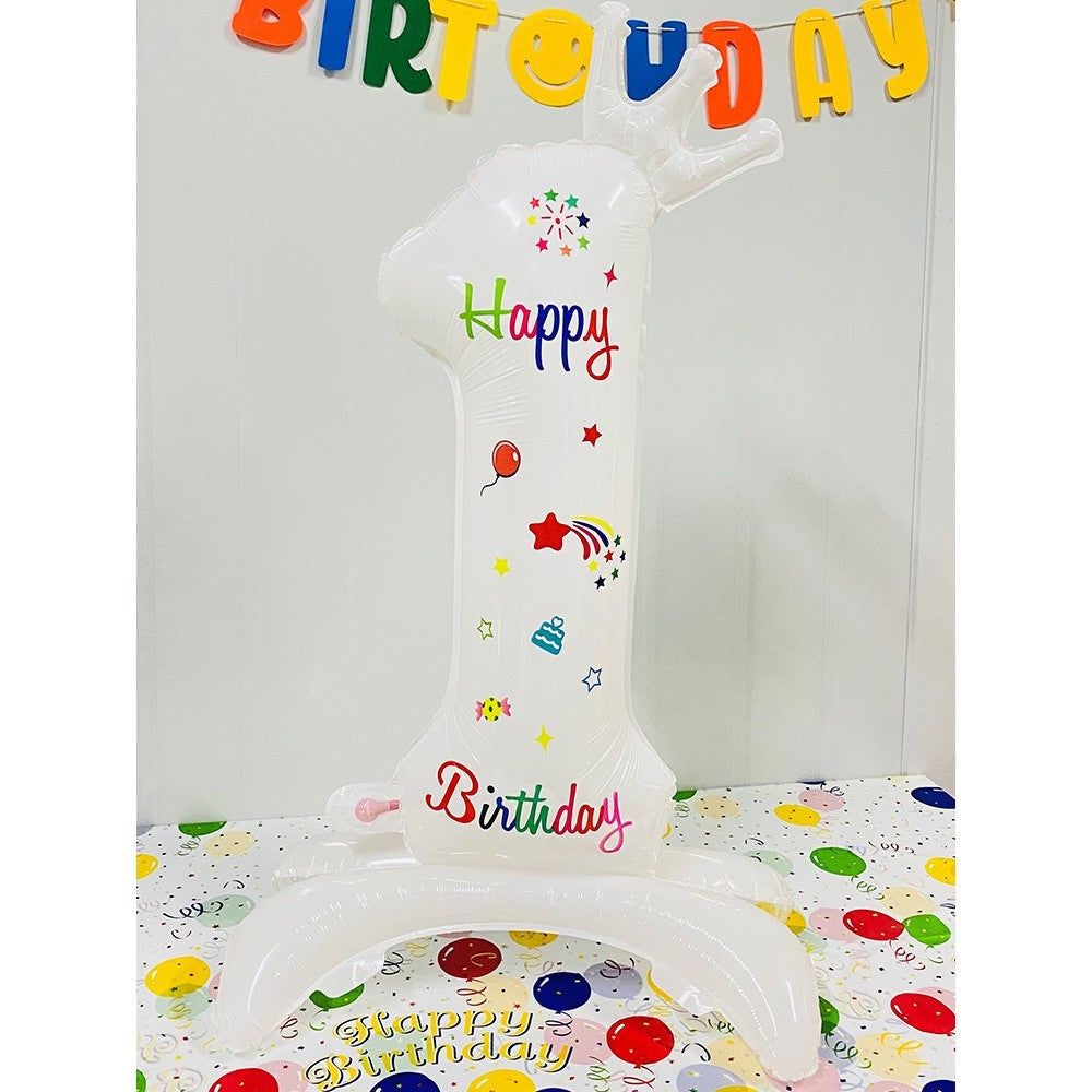 Balon din Folie Metalizata, Klevo, Figurina Cifra, Model 1 cu Happy Birthday Scris, Tema Aniversare 81 cm, Ambalaj Individual, Pai Inclus, Umflare cu Aer sau Heliu, Alb