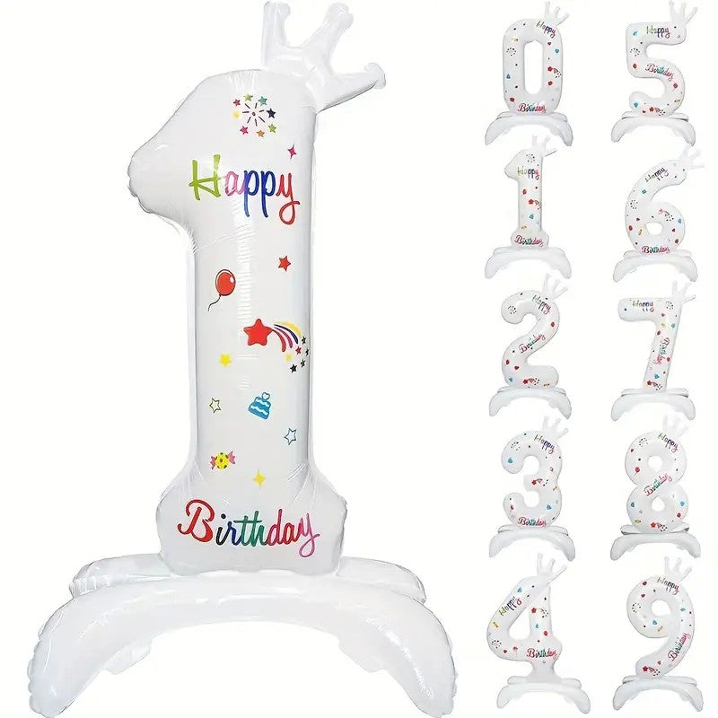 Balon din Folie Metalizata, Klevo, Figurina Cifra, Model 1 cu Happy Birthday Scris, Tema Aniversare 81 cm, Ambalaj Individual, Pai Inclus, Umflare cu Aer sau Heliu, Alb