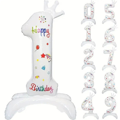 Balon din Folie Metalizata, Klevo, Figurina Cifra, Model 1 cu Happy Birthday Scris, Tema Aniversare 81 cm, Ambalaj Individual, Pai Inclus, Umflare cu Aer sau Heliu, Alb