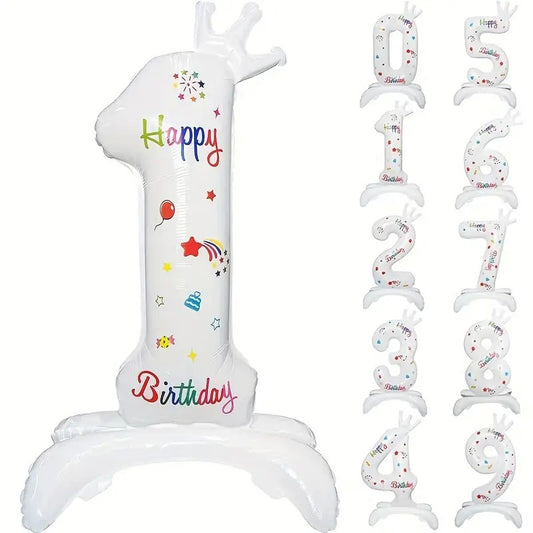 Balon din Folie Metalizata, Klevo, Figurina Cifra, Model 1 cu Happy Birthday Scris, Tema Aniversare 81 cm, Ambalaj Individual, Pai Inclus, Umflare cu Aer sau Heliu, Alb