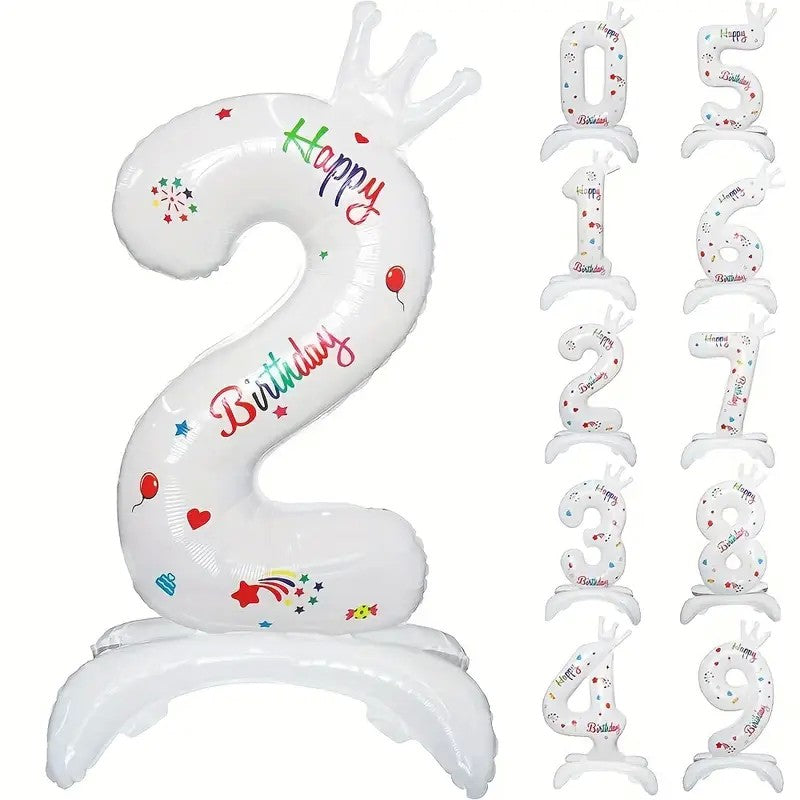 Balon din Folie Metalizata, Klevo, Figurina Cifra, Model 2 cu Happy Birthday Scris, Tema Aniversare 81 cm, Ambalaj Individual, Pai Inclus, Umflare cu Aer sau Heliu, Alb