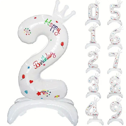 Balon din Folie Metalizata, Klevo, Figurina Cifra, Model 2 cu Happy Birthday Scris, Tema Aniversare 81 cm, Ambalaj Individual, Pai Inclus, Umflare cu Aer sau Heliu, Alb