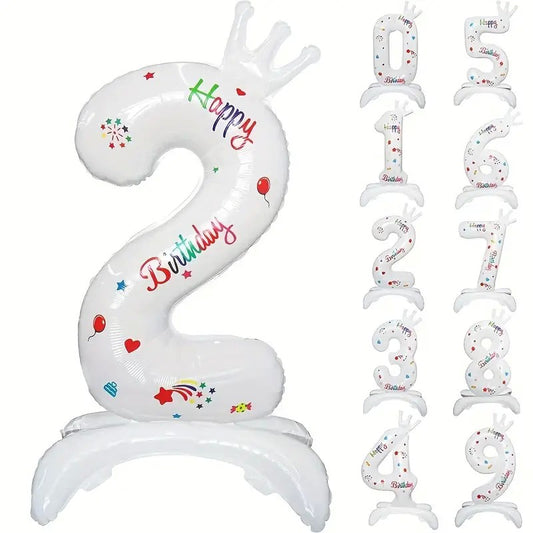 Balon din Folie Metalizata, Klevo, Figurina Cifra, Model 2 cu Happy Birthday Scris, Tema Aniversare 81 cm, Ambalaj Individual, Pai Inclus, Umflare cu Aer sau Heliu, Alb