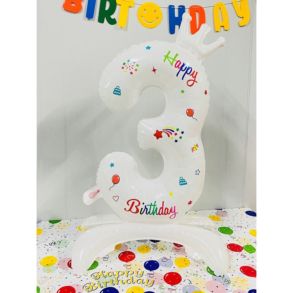 Balon din Folie Metalizata, Klevo, Figurina Cifra, Model 3 cu Happy Birthday Scris, Tema Aniversare 81 cm, Ambalaj Individual, Pai Inclus, Umflare cu Aer sau Heliu, Alb