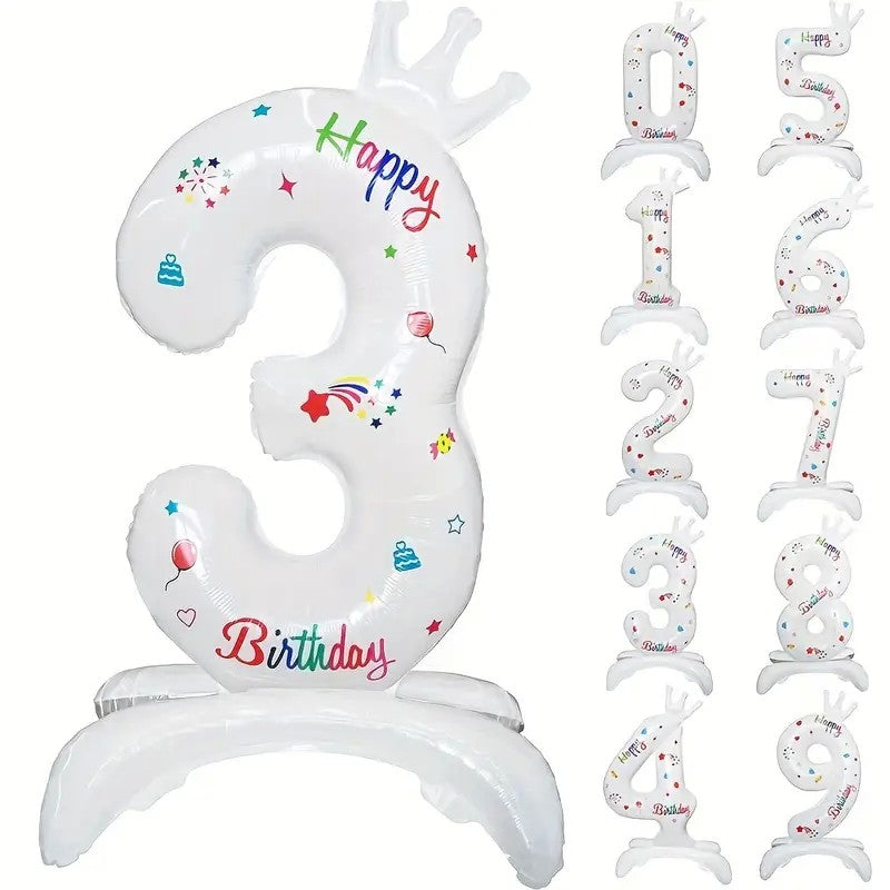 Balon din Folie Metalizata, Klevo, Figurina Cifra, Model 3 cu Happy Birthday Scris, Tema Aniversare 81 cm, Ambalaj Individual, Pai Inclus, Umflare cu Aer sau Heliu, Alb