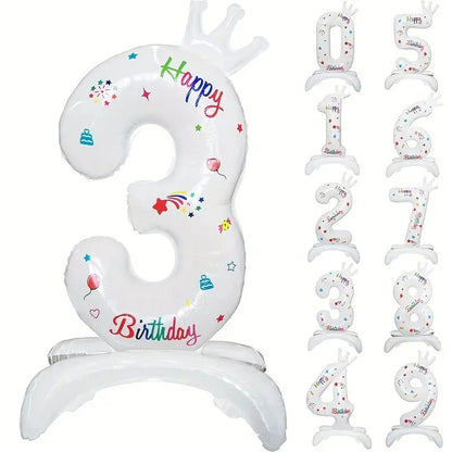 Balon din Folie Metalizata, Klevo, Figurina Cifra, Model 3 cu Happy Birthday Scris, Tema Aniversare 81 cm, Ambalaj Individual, Pai Inclus, Umflare cu Aer sau Heliu, Alb