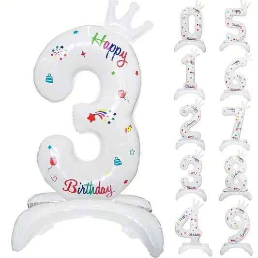 Balon din Folie Metalizata, Klevo, Figurina Cifra, Model 3 cu Happy Birthday Scris, Tema Aniversare 81 cm, Ambalaj Individual, Pai Inclus, Umflare cu Aer sau Heliu, Alb