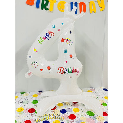 Balon din Folie Metalizata, Klevo, Figurina Cifra, Model 4 cu Happy Birthday Scris, Tema Aniversare 81 cm, Ambalaj Individual, Pai Inclus, Umflare cu Aer sau Heliu, Alb