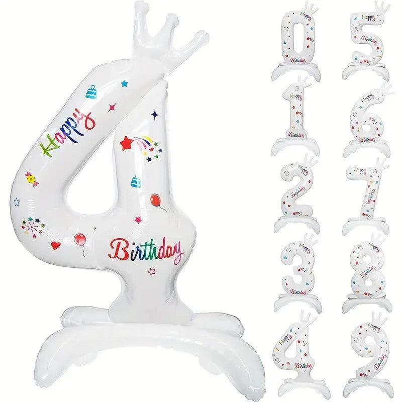 Balon din Folie Metalizata, Klevo, Figurina Cifra, Model 4 cu Happy Birthday Scris, Tema Aniversare 81 cm, Ambalaj Individual, Pai Inclus, Umflare cu Aer sau Heliu, Alb