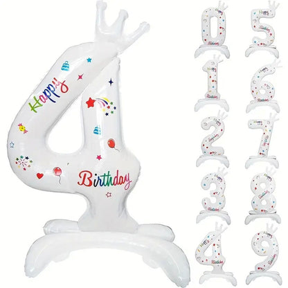 Balon din Folie Metalizata, Klevo, Figurina Cifra, Model 4 cu Happy Birthday Scris, Tema Aniversare 81 cm, Ambalaj Individual, Pai Inclus, Umflare cu Aer sau Heliu, Alb