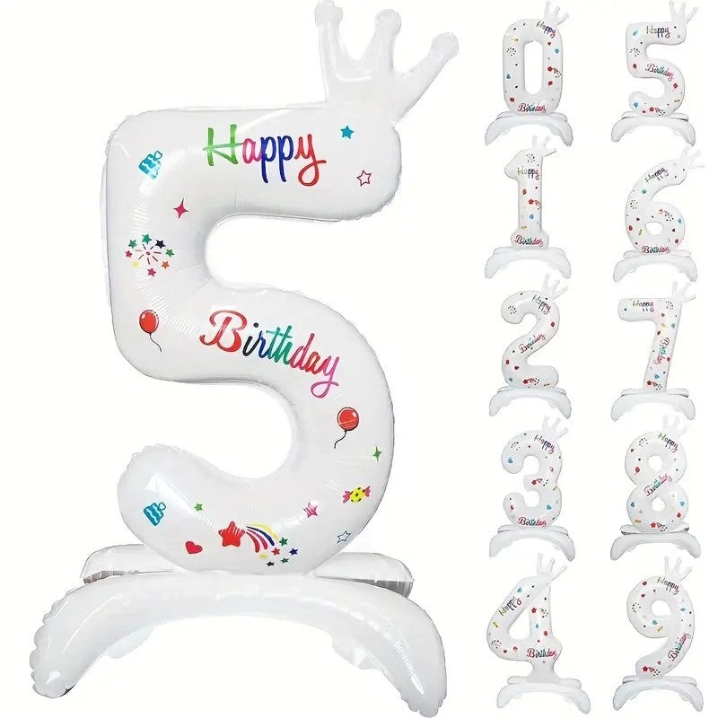 Balon din Folie Metalizata, Klevo, Figurina Cifra, Model 5 cu Happy Birthday Scris, Tema Aniversare 81 cm, Ambalaj Individual, Pai Inclus, Umflare cu Aer sau Heliu, Alb