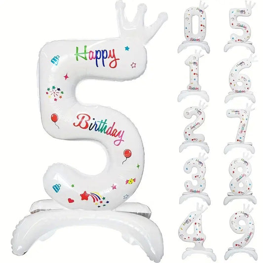Balon din Folie Metalizata, Klevo, Figurina Cifra, Model 5 cu Happy Birthday Scris, Tema Aniversare 81 cm, Ambalaj Individual, Pai Inclus, Umflare cu Aer sau Heliu, Alb