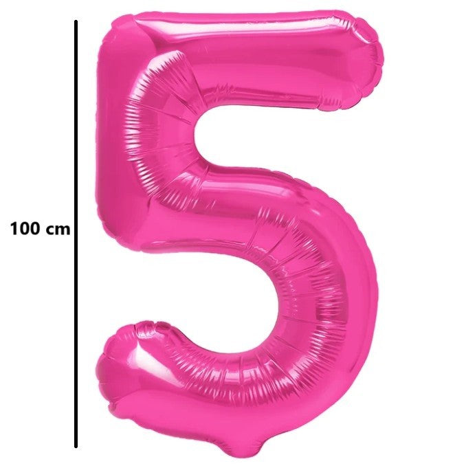 Balon din Folie Metalizata, Klevo, Figurina Cifra, Model 5, Tema Aniversare 100 cm, Ambalaj Individual, Pai Inclus, Umflare cu Aer sau Heliu, Roz