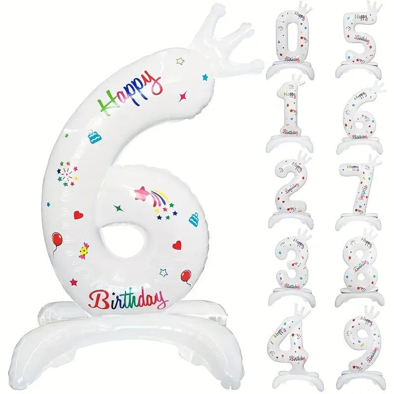 Balon din Folie Metalizata, Klevo, Figurina Cifra, Model 6 cu Happy Birthday Scris, Tema Aniversare 81 cm, Ambalaj Individual, Pai Inclus, Umflare cu Aer sau Heliu, Alb