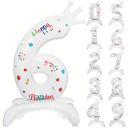 Balon din Folie Metalizata, Klevo, Figurina Cifra, Model 6 cu Happy Birthday Scris, Tema Aniversare 81 cm, Ambalaj Individual, Pai Inclus, Umflare cu Aer sau Heliu, Alb
