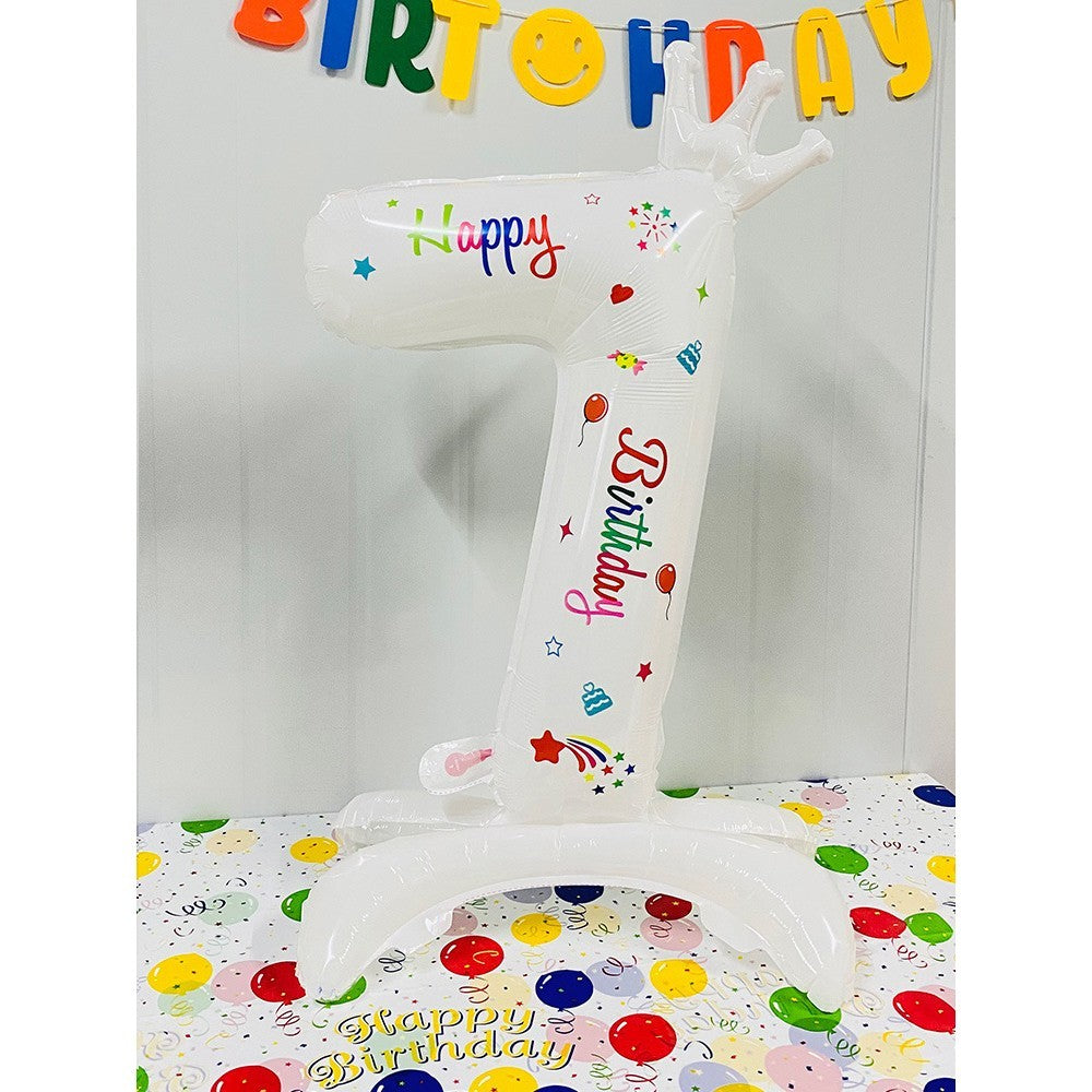 Balon din Folie Metalizata, Klevo, Figurina Cifra, Model 7 cu Happy Birthday Scris, Tema Aniversare 81 cm, Ambalaj Individual, Pai Inclus, Umflare cu Aer sau Heliu, Alb