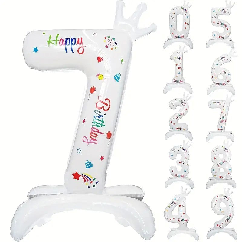 Balon din Folie Metalizata, Klevo, Figurina Cifra, Model 7 cu Happy Birthday Scris, Tema Aniversare 81 cm, Ambalaj Individual, Pai Inclus, Umflare cu Aer sau Heliu, Alb