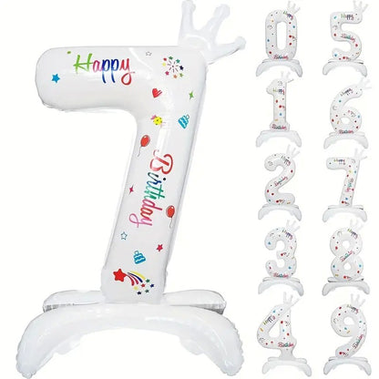 Balon din Folie Metalizata, Klevo, Figurina Cifra, Model 7 cu Happy Birthday Scris, Tema Aniversare 81 cm, Ambalaj Individual, Pai Inclus, Umflare cu Aer sau Heliu, Alb