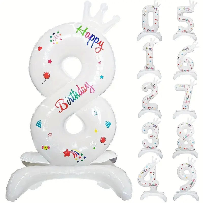 Balon din Folie Metalizata, Klevo, Figurina Cifra, Model 8 cu Happy Birthday Scris, Tema Aniversare 81 cm, Ambalaj Individual, Pai Inclus, Umflare cu Aer sau Heliu, Alb