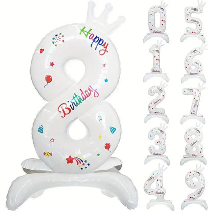 Balon din Folie Metalizata, Klevo, Figurina Cifra, Model 8 cu Happy Birthday Scris, Tema Aniversare 81 cm, Ambalaj Individual, Pai Inclus, Umflare cu Aer sau Heliu, Alb