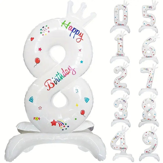 Balon din Folie Metalizata, Klevo, Figurina Cifra, Model 8 cu Happy Birthday Scris, Tema Aniversare 81 cm, Ambalaj Individual, Pai Inclus, Umflare cu Aer sau Heliu, Alb