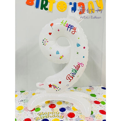 Balon din Folie Metalizata, Klevo, Figurina Cifra, Model 9 cu Happy Birthday Scris, Tema Aniversare 81 cm, Ambalaj Individual, Pai Inclus, Umflare cu Aer sau Heliu, Alb