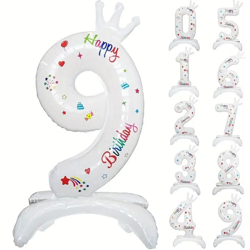 Balon din Folie Metalizata, Klevo, Figurina Cifra, Model 9 cu Happy Birthday Scris, Tema Aniversare 81 cm, Ambalaj Individual, Pai Inclus, Umflare cu Aer sau Heliu, Alb