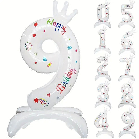 Balon din Folie Metalizata, Klevo, Figurina Cifra, Model 9 cu Happy Birthday Scris, Tema Aniversare 81 cm, Ambalaj Individual, Pai Inclus, Umflare cu Aer sau Heliu, Alb