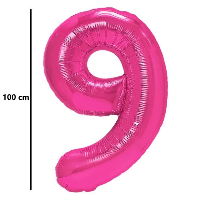 Balon din Folie Metalizata, Klevo, Figurina Cifra, Model 9, Tema Aniversare 100 cm, Ambalaj Individual, Pai Inclus, Umflare cu Aer sau Heliu, Roz