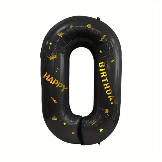 Balon din Folie Metalizata Klevo, Figurina Cifra, Scris Happy Birthday, Tema Aniversare 100 cm, Ambalaj Individual, Pai inclus, Umflare cu Aer sau Heliu, Negru, Cifra 0