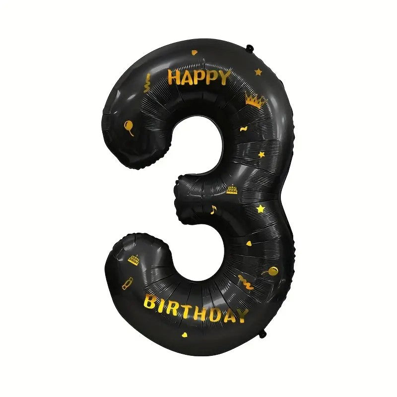 Balon din Folie Metalizata Klevo, Figurina Cifra, Scris Happy Birthday, Tema Aniversare 100 cm, Ambalaj Individual, Pai inclus, Umflare cu Aer sau Heliu, Negru, Cifra 3