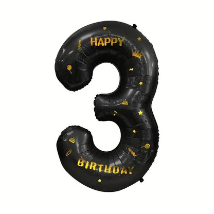 Balon din Folie Metalizata Klevo, Figurina Cifra, Scris Happy Birthday, Tema Aniversare 100 cm, Ambalaj Individual, Pai inclus, Umflare cu Aer sau Heliu, Negru, Cifra 3