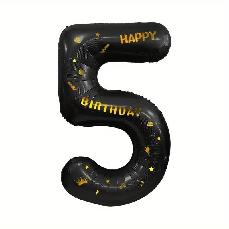 Balon din Folie Metalizata Klevo, Figurina Cifra, Scris Happy Birthday, Tema Aniversare 100 cm, Ambalaj Individual, Pai inclus, Umflare cu Aer sau Heliu, Negru, Cifra 5