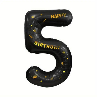 Balon din Folie Metalizata Klevo, Figurina Cifra, Scris Happy Birthday, Tema Aniversare 100 cm, Ambalaj Individual, Pai inclus, Umflare cu Aer sau Heliu, Negru, Cifra 5
