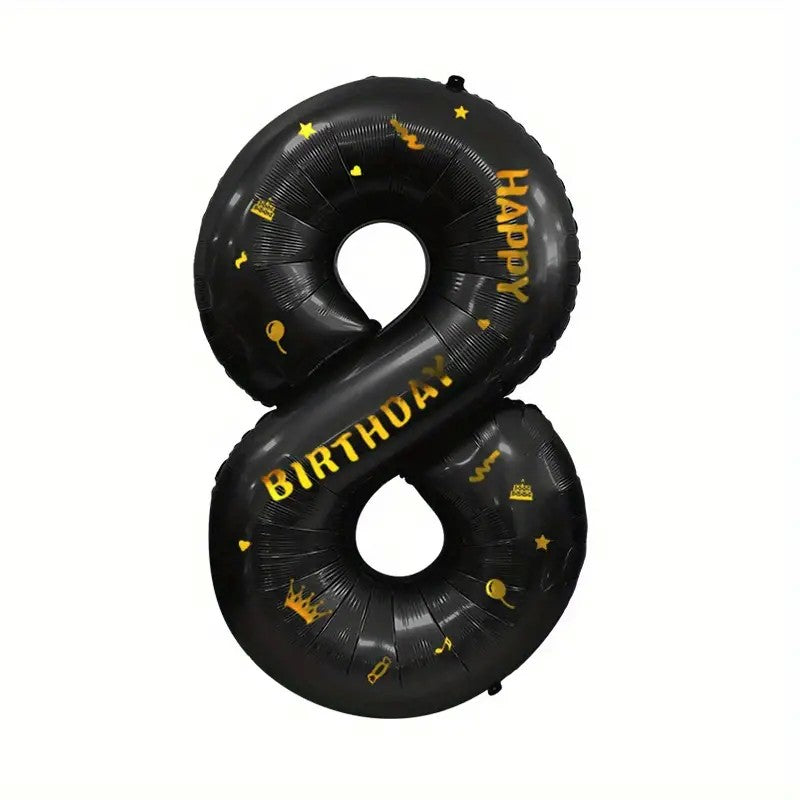Balon din Folie Metalizata Klevo, Figurina Cifra, Scris Happy Birthday, Tema Aniversare 100 cm, Ambalaj Individual, Pai inclus, Umflare cu Aer sau Heliu, Negru, Cifra 8