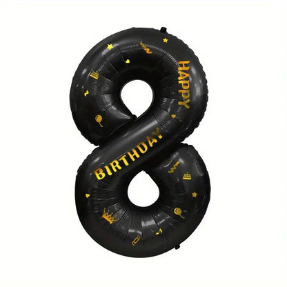 Balon din Folie Metalizata Klevo, Figurina Cifra, Scris Happy Birthday, Tema Aniversare 100 cm, Ambalaj Individual, Pai inclus, Umflare cu Aer sau Heliu, Negru, Cifra 8