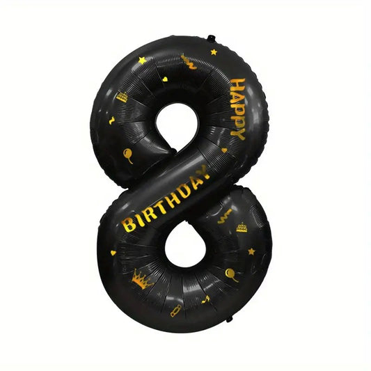 Balon din Folie Metalizata Klevo, Figurina Cifra, Scris Happy Birthday, Tema Aniversare 100 cm, Ambalaj Individual, Pai inclus, Umflare cu Aer sau Heliu, Negru, Cifra 8