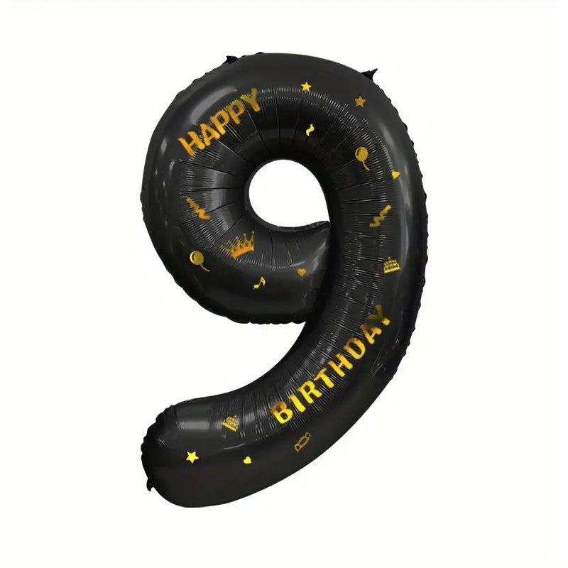 Balon din Folie Metalizata Klevo, Figurina Cifra, Scris Happy Birthday, Tema Aniversare 100 cm, Ambalaj Individual, Pai inclus, Umflare cu Aer sau Heliu, Negru, Cifra 9