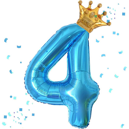 Balon din Folie Metalizata Klevo, Figurina Cifra si Coroana, Tema Aniversare 100 cm, Ambalaj Individual, Pai inclus, Umflare cu Aer sau Heliu, Albastru, Cifra 4