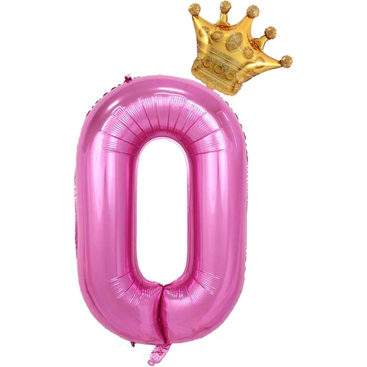 Balon din Folie Metalizata Klevo, Figurina Cifra si Coroana, Tema Aniversare 100 cm, Ambalaj Individual, Pai inclus, Umflare cu Aer sau Heliu, Roz, Cifra 0