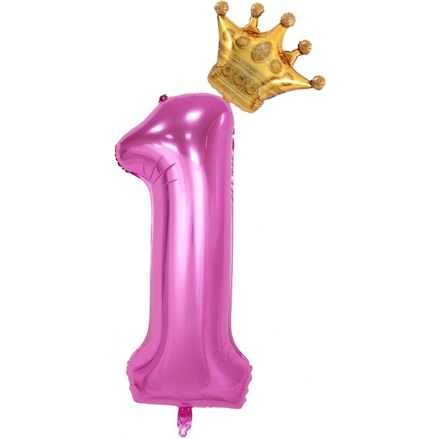 Balon din Folie Metalizata Klevo, Figurina Cifra si Coroana, Tema Aniversare 100 cm, Ambalaj Individual, Pai inclus, Umflare cu Aer sau Heliu, Roz, Cifra 1