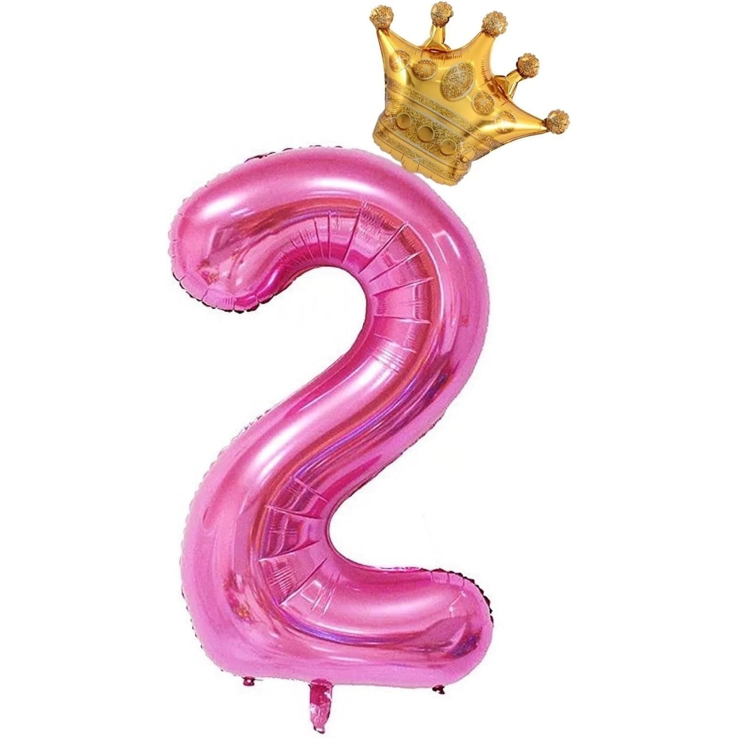 Balon din Folie Metalizata Klevo, Figurina Cifra si Coroana, Tema Aniversare 100 cm, Ambalaj Individual, Pai inclus, Umflare cu Aer sau Heliu, Roz, Cifra 2