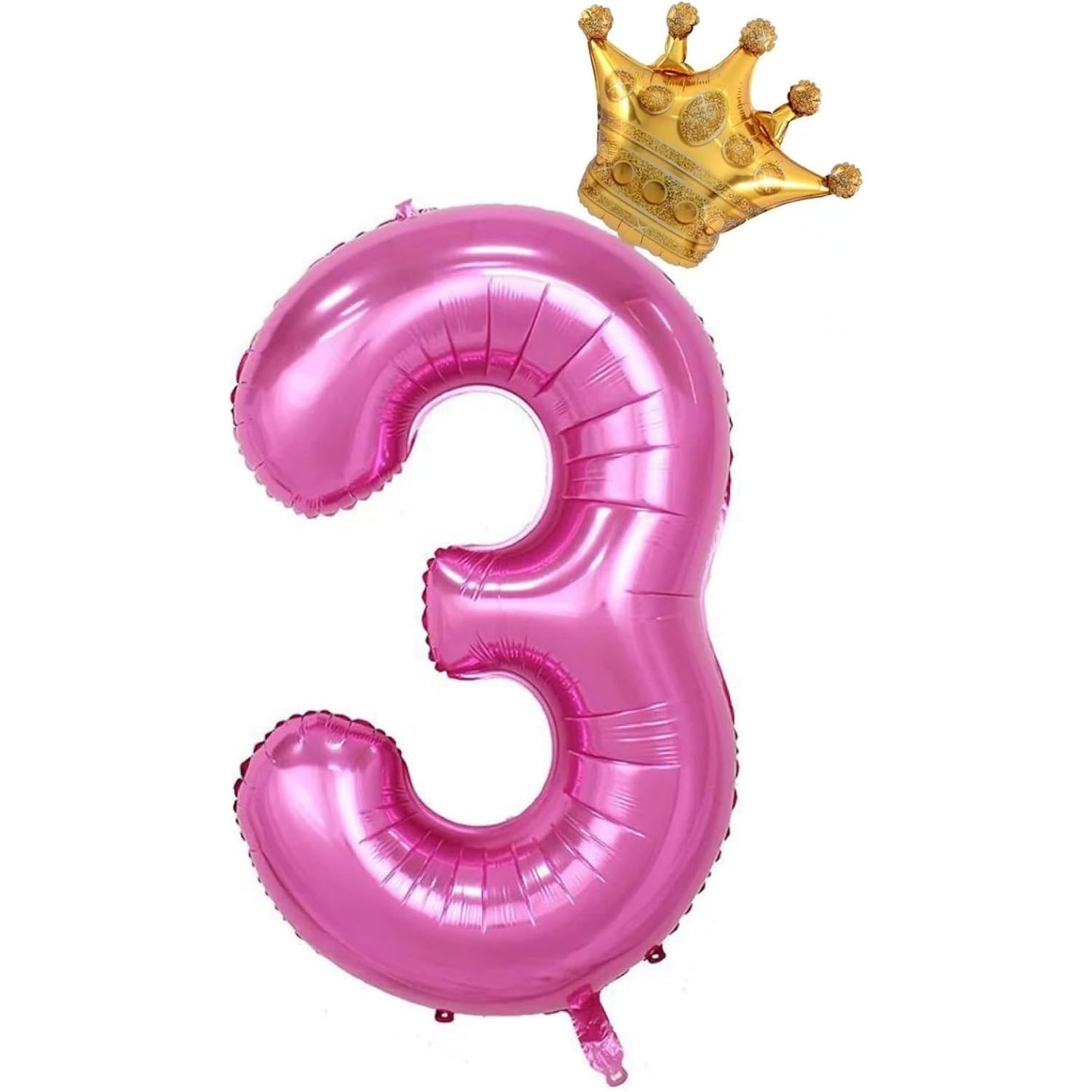 Balon din Folie Metalizata Klevo, Figurina Cifra si Coroana, Tema Aniversare 100 cm, Ambalaj Individual, Pai inclus, Umflare cu Aer sau Heliu, Roz, Cifra 3
