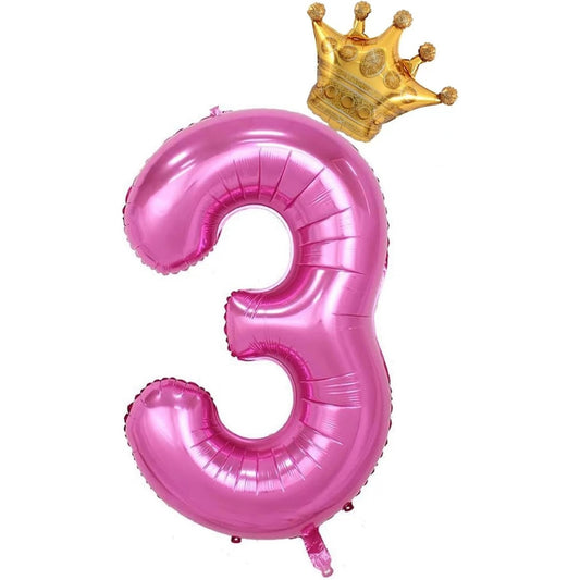 Balon din Folie Metalizata Klevo, Figurina Cifra si Coroana, Tema Aniversare 100 cm, Ambalaj Individual, Pai inclus, Umflare cu Aer sau Heliu, Roz, Cifra 3