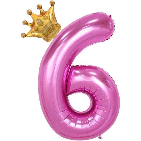 Balon din Folie Metalizata Klevo, Figurina Cifra si Coroana, Tema Aniversare 100 cm, Ambalaj Individual, Pai inclus, Umflare cu Aer sau Heliu, Roz, Cifra 6