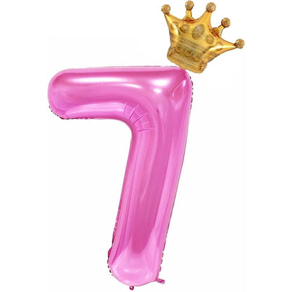 Balon din Folie Metalizata Klevo, Figurina Cifra si Coroana, Tema Aniversare 100 cm, Ambalaj Individual, Pai inclus, Umflare cu Aer sau Heliu, Roz, Cifra 7