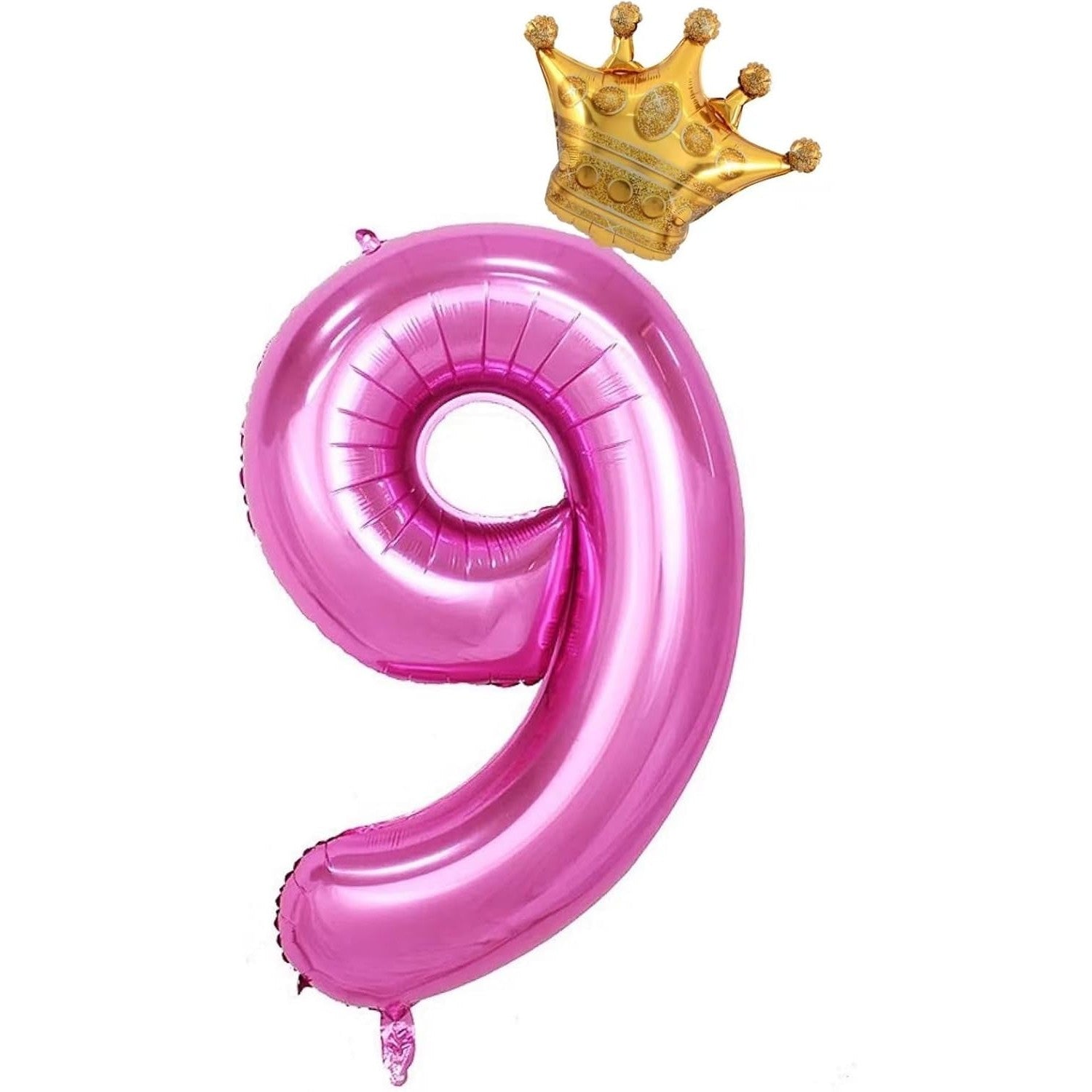 Balon din Folie Metalizata Klevo, Figurina Cifra si Coroana, Tema Aniversare 100 cm, Ambalaj Individual, Pai inclus, Umflare cu Aer sau Heliu, Roz, Cifra 9