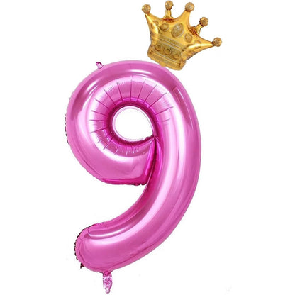Balon din Folie Metalizata Klevo, Figurina Cifra si Coroana, Tema Aniversare 100 cm, Ambalaj Individual, Pai inclus, Umflare cu Aer sau Heliu, Roz, Cifra 9