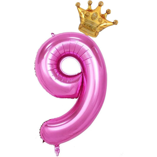 Balon din Folie Metalizata Klevo, Figurina Cifra si Coroana, Tema Aniversare 100 cm, Ambalaj Individual, Pai inclus, Umflare cu Aer sau Heliu, Roz, Cifra 9