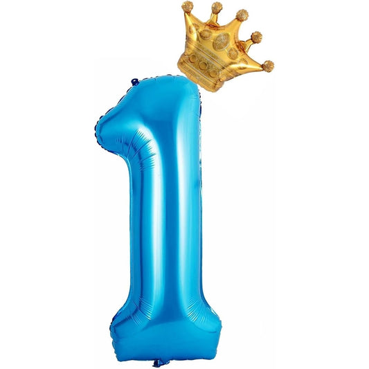 Balon din Folie Metalizata Klevo, Figurina Cifra si Coroana, Tema Aniversare 100 cm, Ambalaj Individual, Pai inclus, Umflare cu Aer sau Heliu, Albastru, Cifra 1